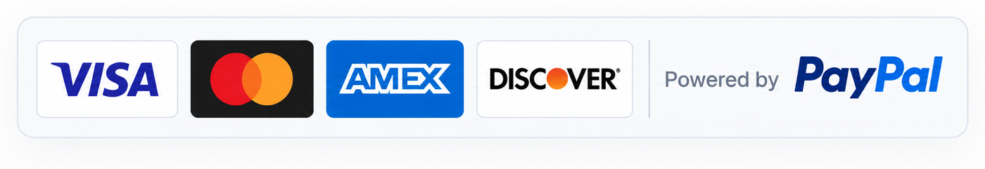Accepted cards – payments processed securely by PayPal