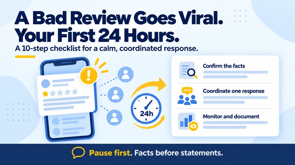 A bad Google review going viral: phone showing a one-star review spreading, a 24-hour clock, and first-day steps to confirm the facts, coordinate one response, and monitor