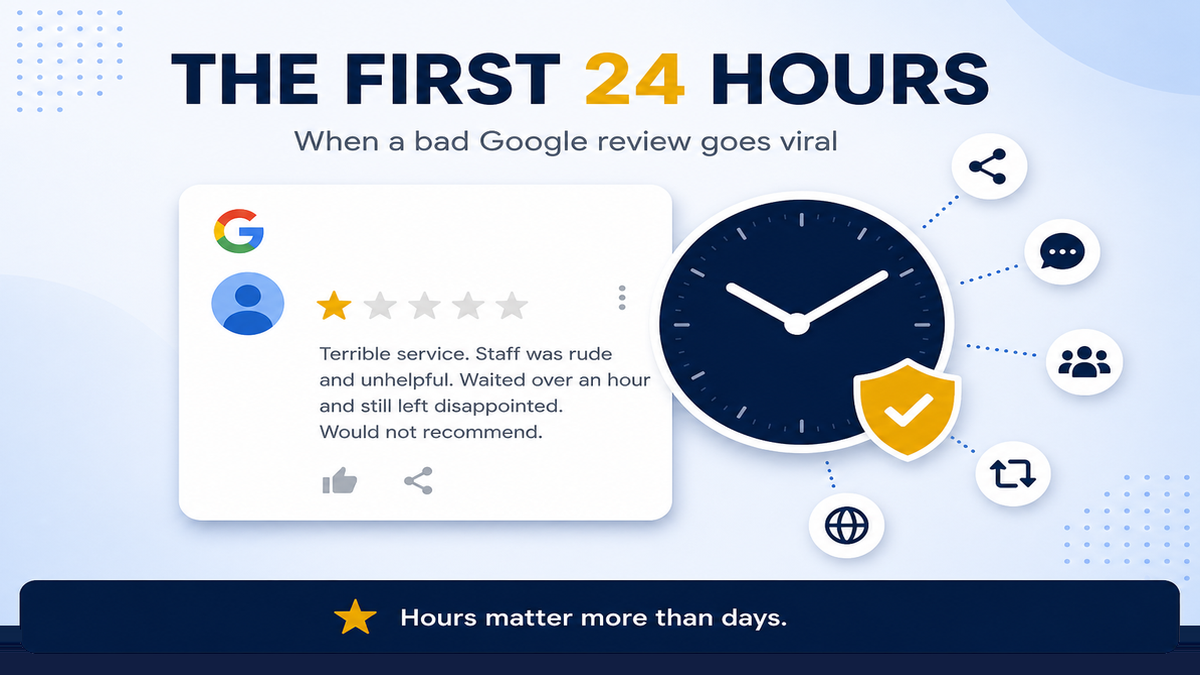 The first 24 hours when a bad Google review goes viral — review card, urgency clock, and share signals