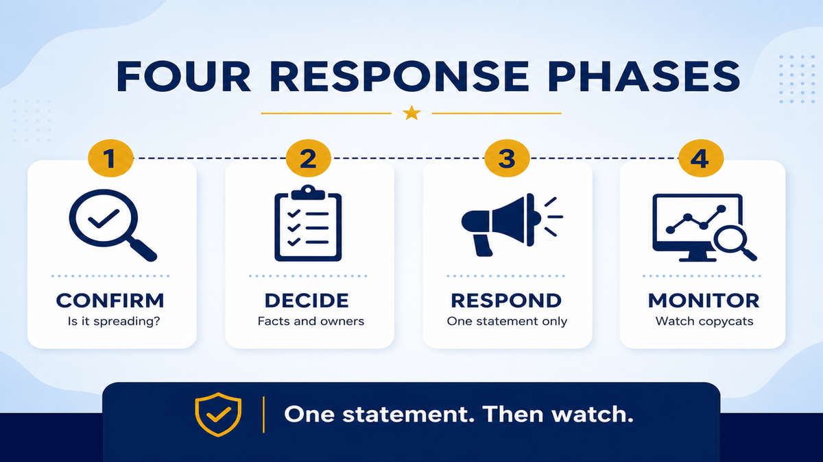 Four-phase viral review response plan: confirm, decide, respond once, then monitor