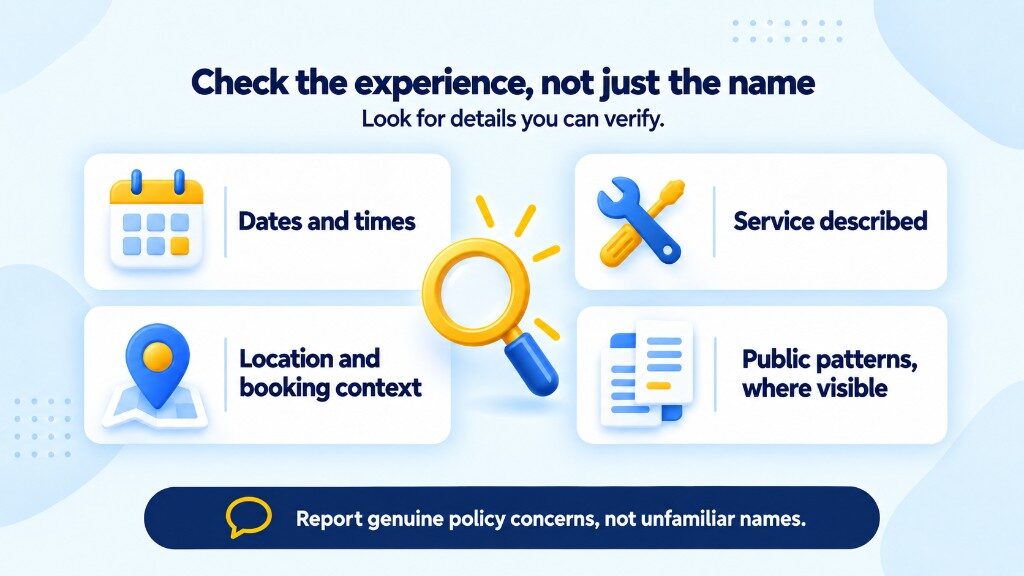 How to check an unfamiliar Google review: dates and times, the service described, location and booking context, and public contribution patterns