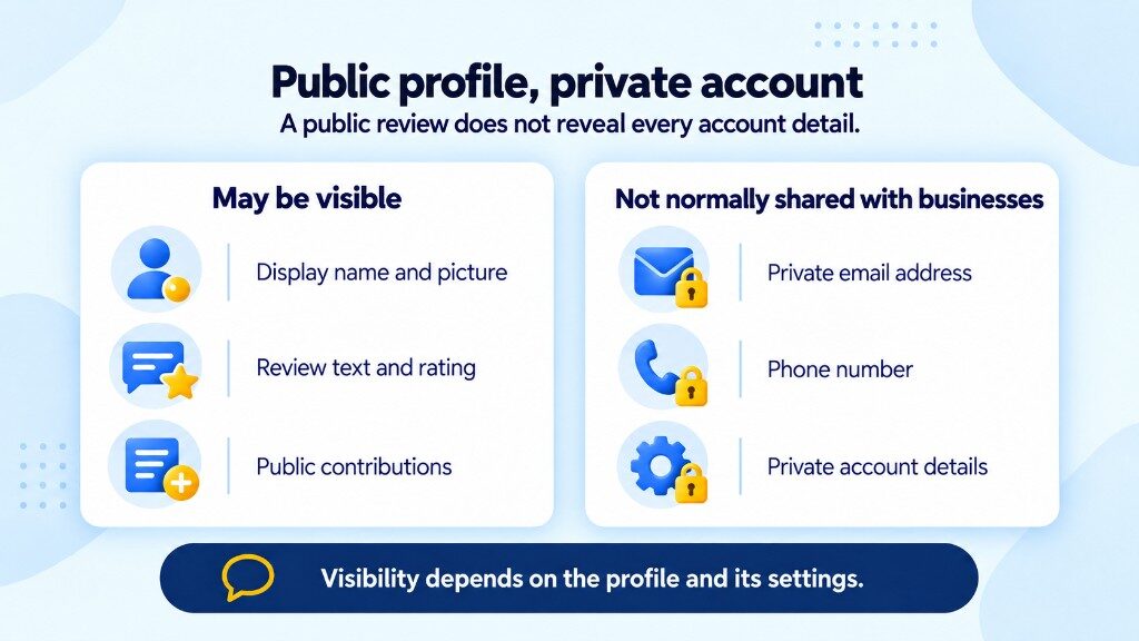 What businesses can see on a Google review: public display name, picture, text and contributions, but not the reviewer’s email, phone or private account details