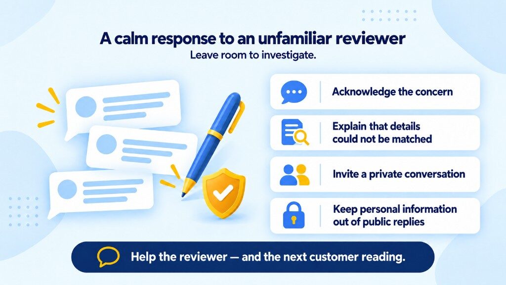 A calm public reply to an unfamiliar Google reviewer: acknowledge the concern, explain unmatched details, invite a private conversation, and keep personal information out of the reply