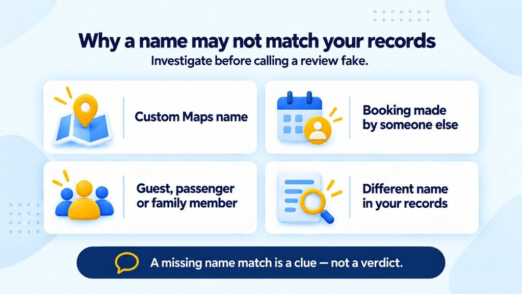 Why a Google reviewer name may not match your records: custom Maps name, booking by someone else, guest or family member, or a different name in your system