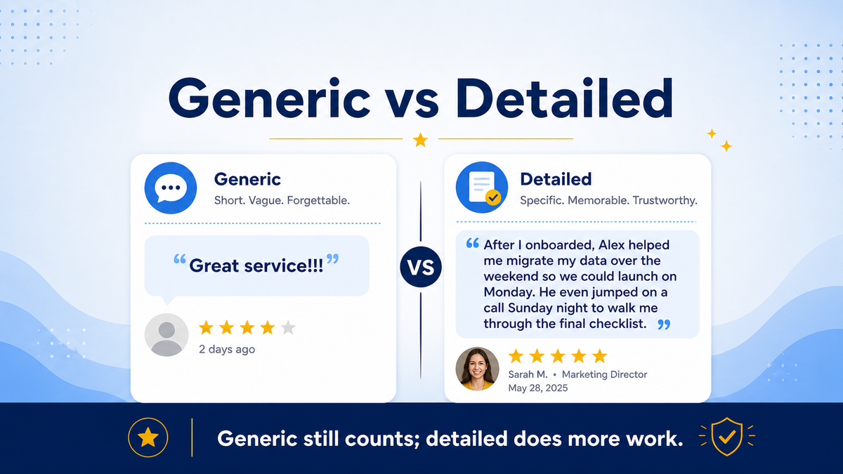 Side-by-side comparison of a generic one-liner versus a detailed story-like review