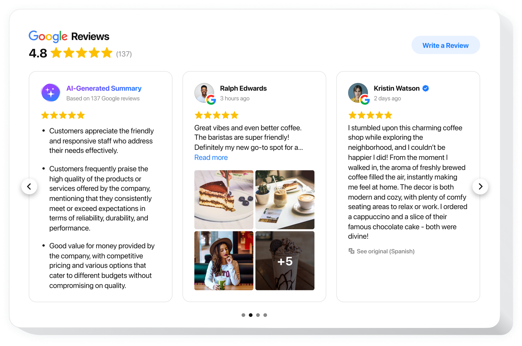 Elfsight Google Reviews widget layout with header rating and review cards