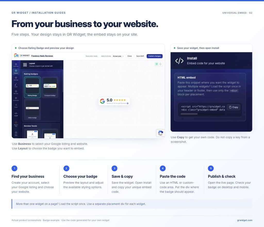 GR Widget layout picker and Install screen showing how to copy the HTML embed for a website