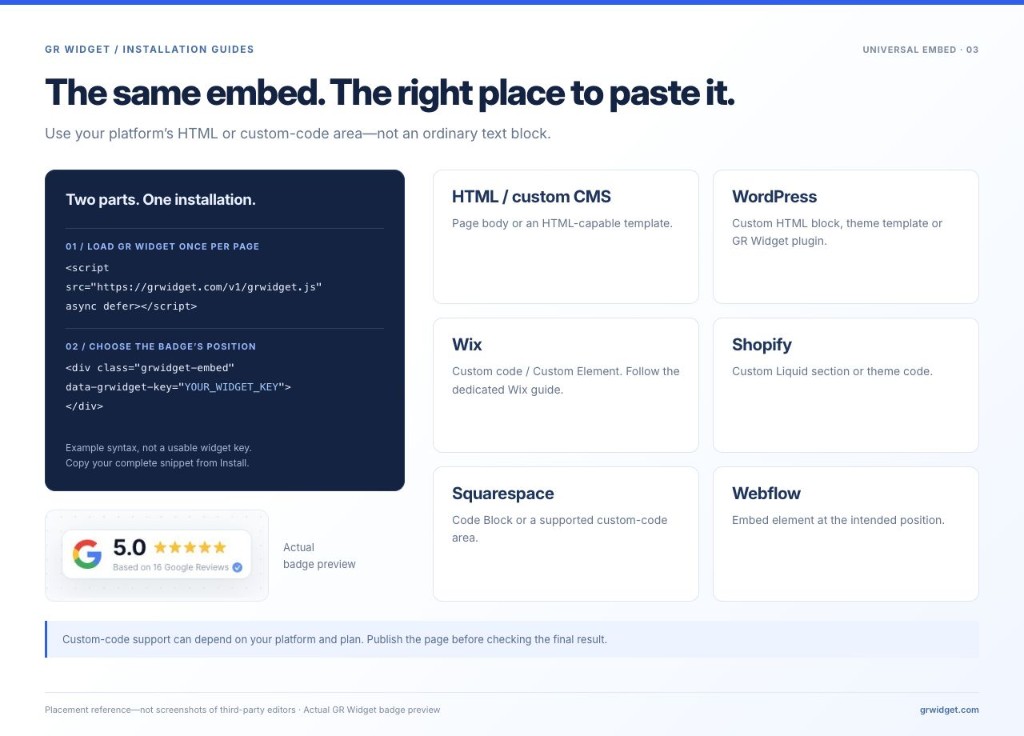 Example GR Widget embed snippet plus where to paste it on HTML, WordPress, Wix, Shopify, Squarespace and Webflow