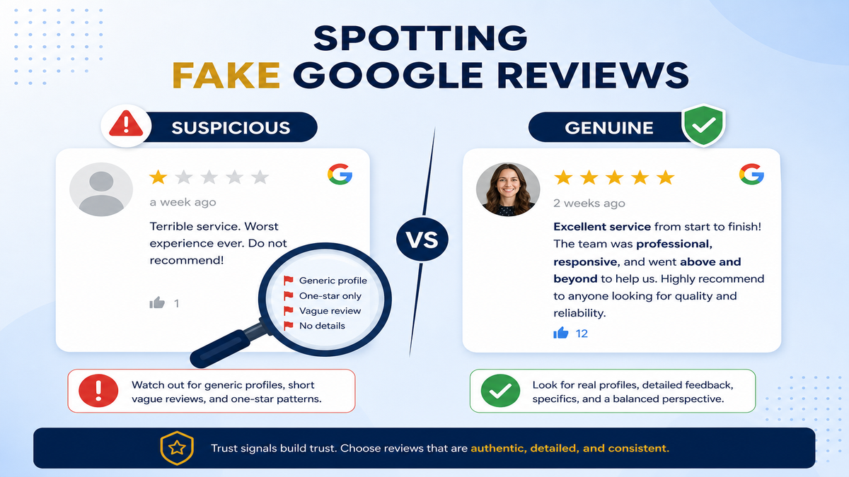 Illustration of a magnifying glass inspecting a suspicious one-star Google review with warning icons next to a genuine five-star review with a verified checkmark