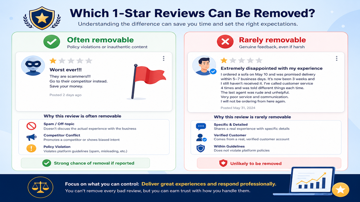 Side-by-side comparison of a policy-violation review that is often removable versus a genuine harsh complaint that is almost never removable
