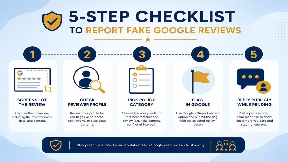 Five-step visual checklist for reporting a fake Google review: screenshot it, check the reviewer profile, identify the policy category, flag it, and reply publicly while the report is pending
