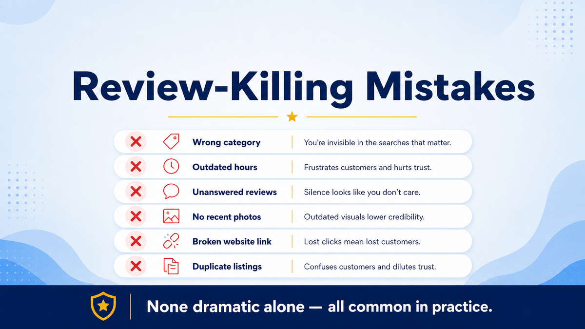 Five common review-killing Google Business Profile mistakes with red X icons