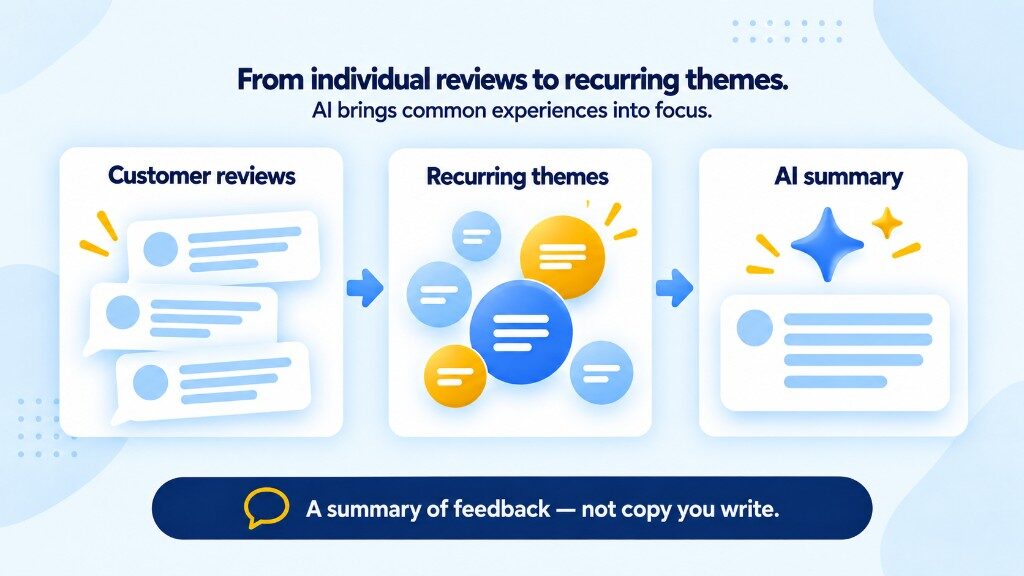 How Google AI review summaries turn individual customer reviews into recurring themes and a generated overview