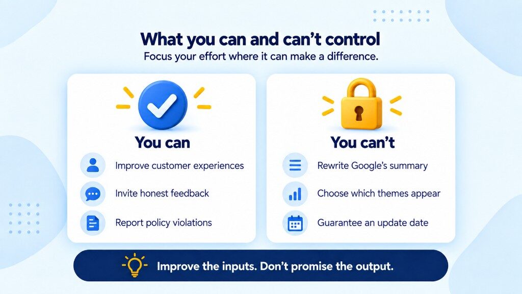 What businesses can and cannot control about Google AI review summaries: improve experiences and report policy violations, but not rewrite the summary
