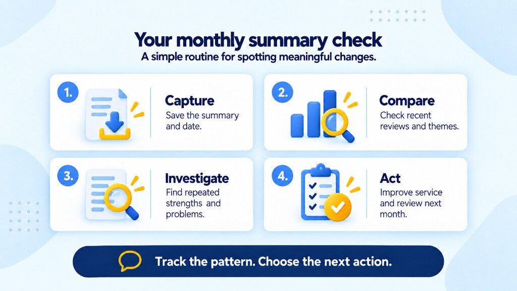 Monthly Google AI review summary audit: capture the summary, compare recent reviews, investigate themes, then act