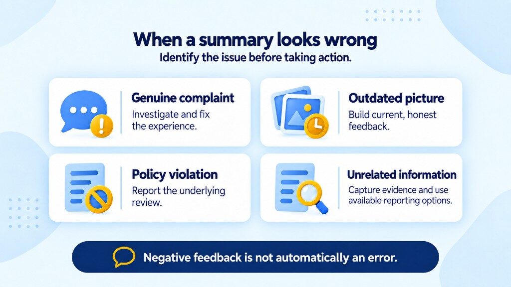 When a Google AI review summary looks wrong: genuine complaint, outdated picture, policy violation, or unrelated information