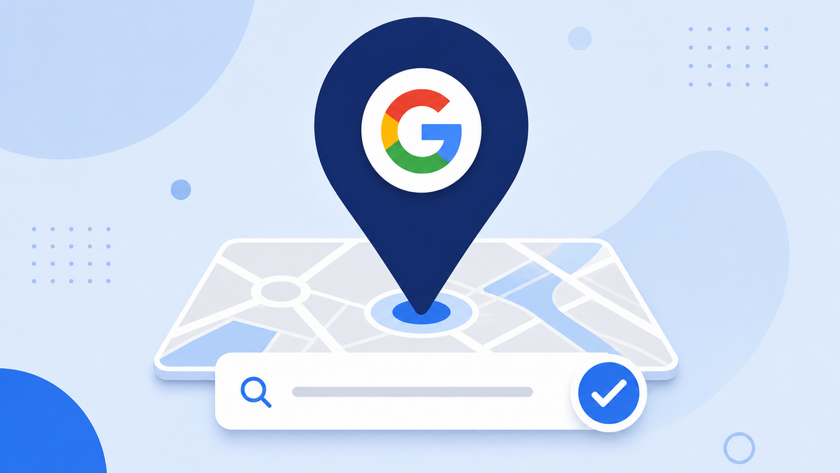 Illustration of a Google location pin over a map with a search bar, representing finding and connecting the correct Google Business Profile for a reviews widget