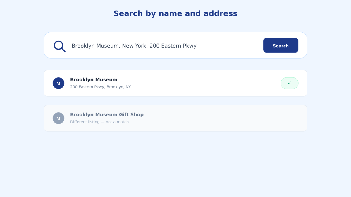Illustration of a business name and address search box with a matching verified listing highlighted above a similarly named but incorrect listing