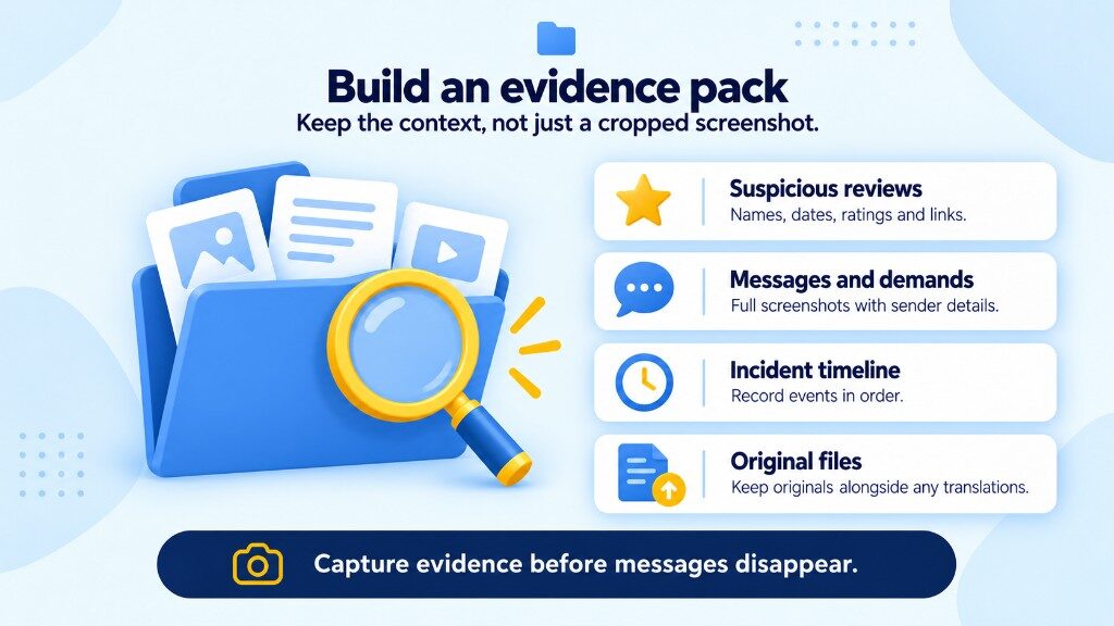 Evidence pack for Google review extortion: suspicious reviews, messages and demands, an incident timeline, and original files