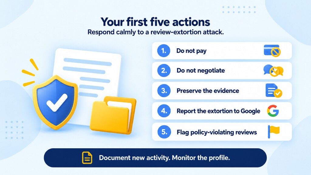 First five actions in a Google review extortion attack: do not pay, do not negotiate, preserve evidence, report the extortion, and flag policy-violating reviews
