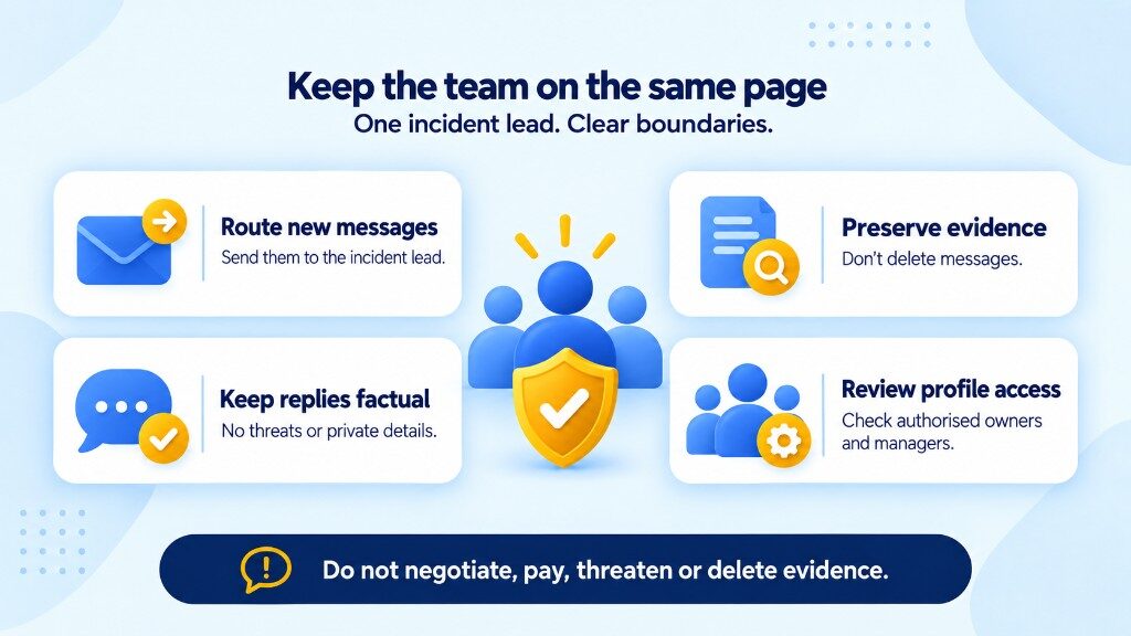 Keep the team aligned during Google review extortion: route new messages, preserve evidence, keep replies factual, and review profile access