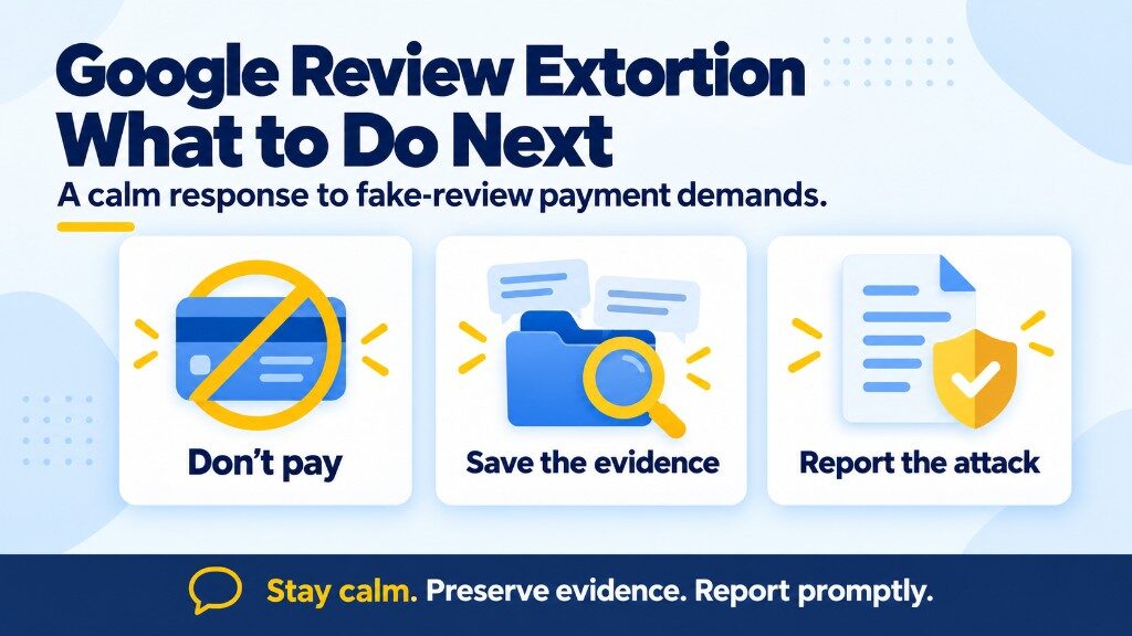 Google review extortion: do not pay, save the evidence, and report the attack