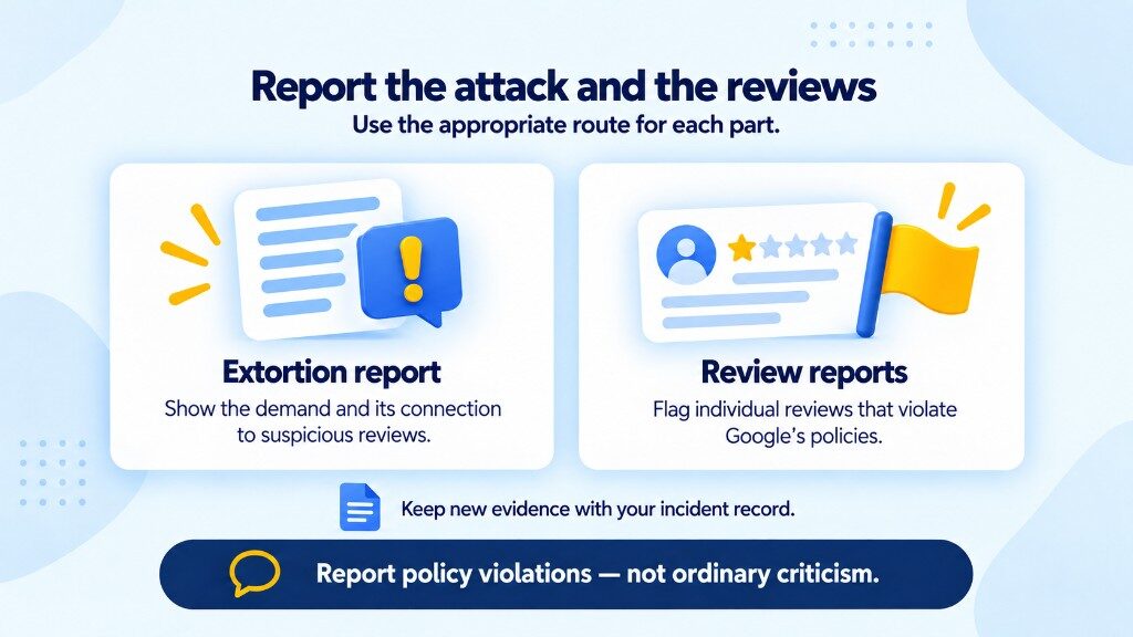 Report Google review extortion and the related fake reviews separately: an extortion report plus individual review flags