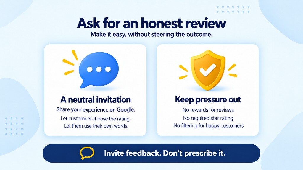 How to ask for an honest Google review: a neutral invitation, with no rewards, required star ratings or filtering for happy customers