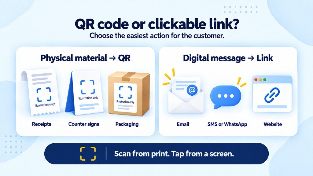 When to use a Google review QR code on receipts, signs and packaging versus a clickable link in email, SMS or on a website