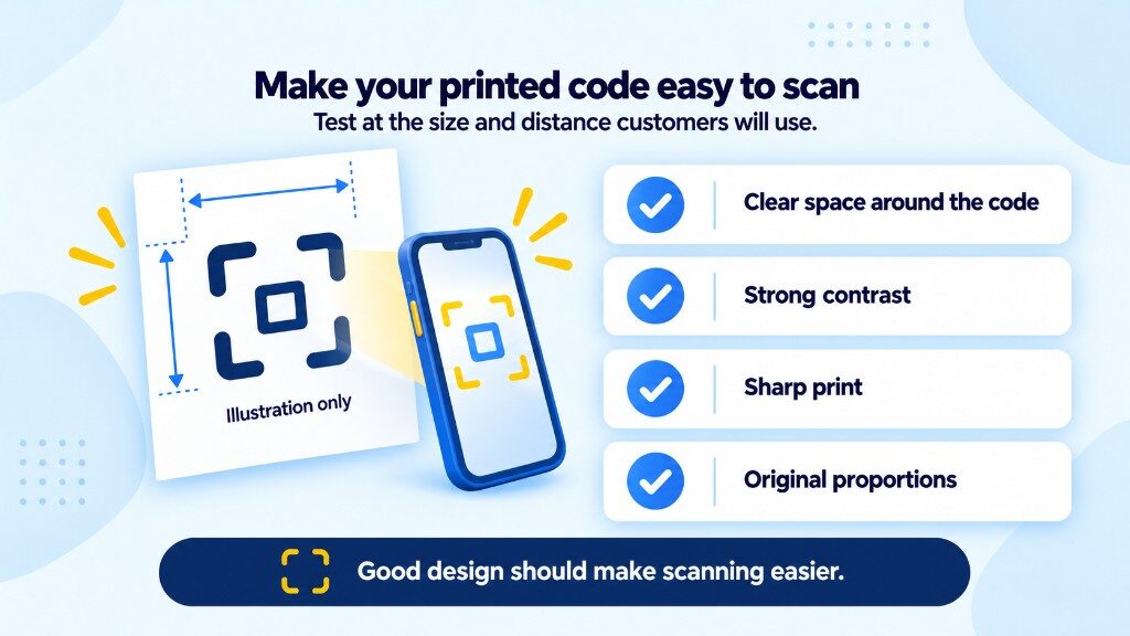 Printed Google review QR code scanning checklist: clear space, strong contrast, sharp print and original proportions