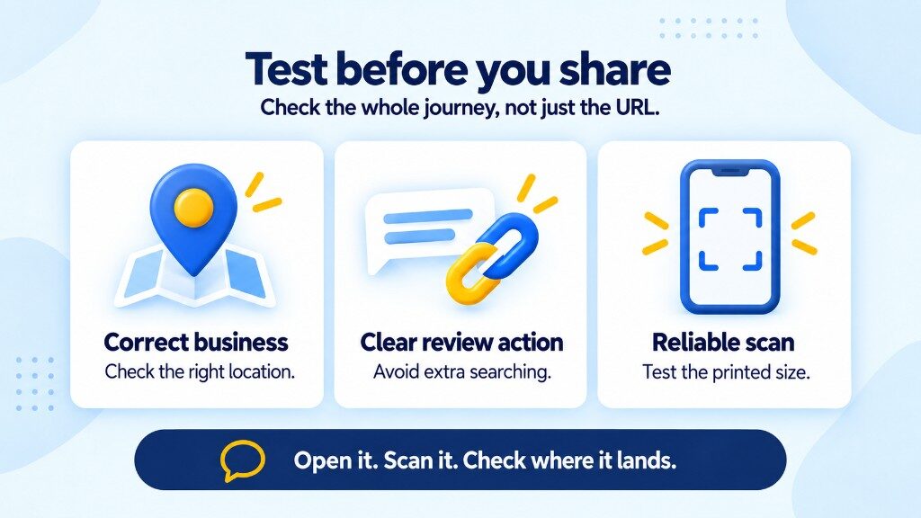 Test a Google review link and QR code: correct business, clear review action, and a reliable scan at print size