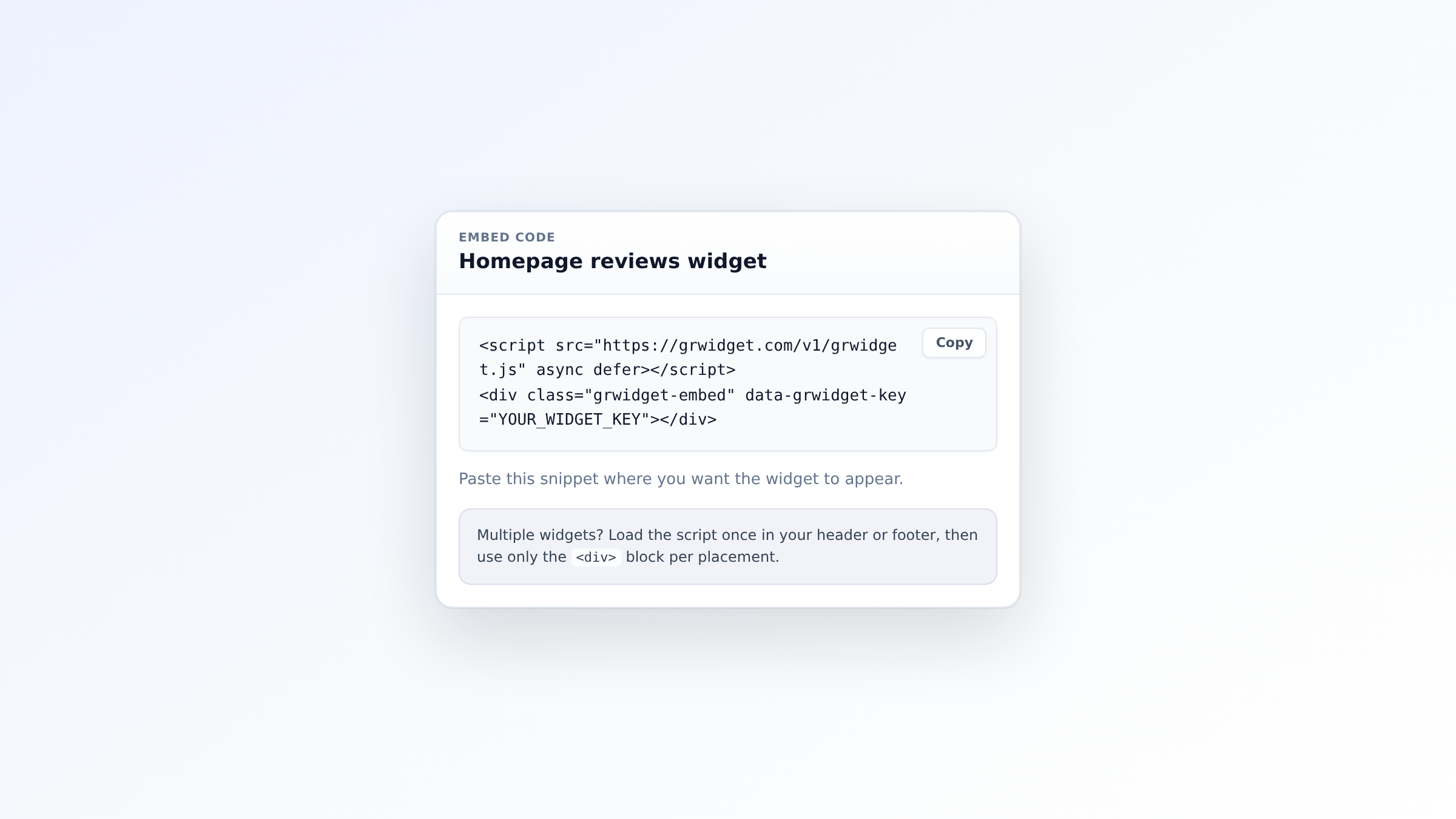 GR Widget embed code panel with script tag and div placeholder to install on any website