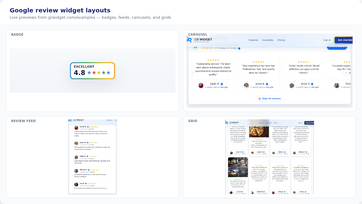 Google review widget layouts — compact badge, review carousel, list feed, and masonry grid from GR Widget examples