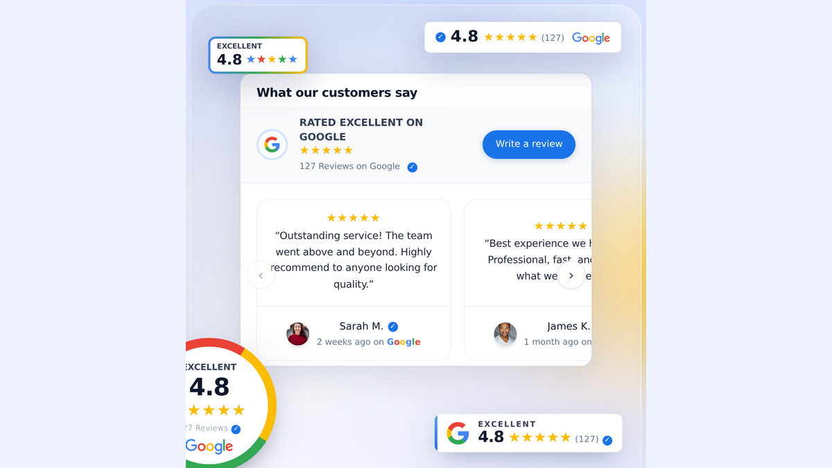 Homepage hero Google review widget showcase with slider carousel feed and floating review badges from grwidget.com