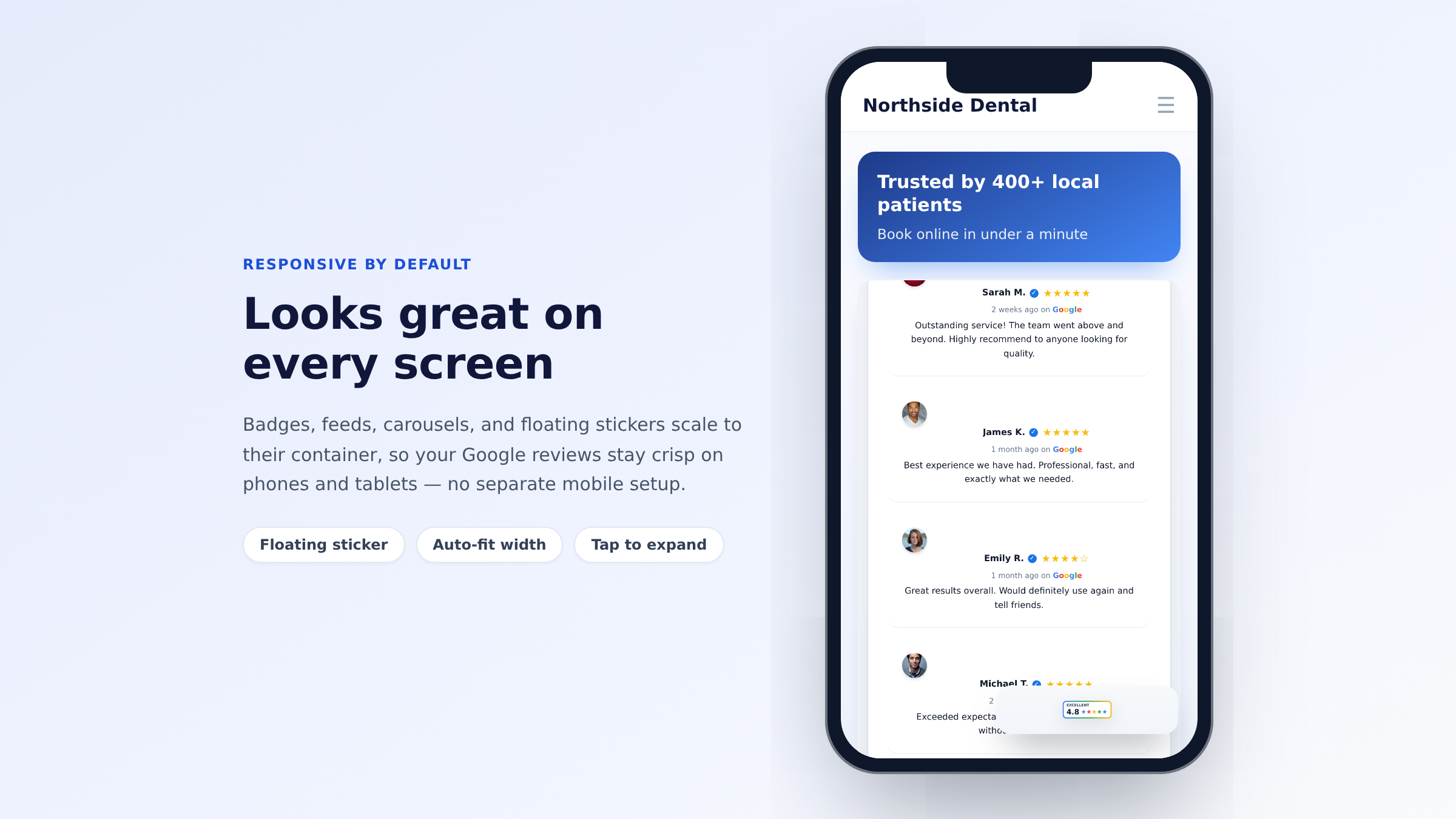 Smartphone mockup showing a responsive Google reviews widget with a floating star-rating badge and a scrollable review card on a mobile website