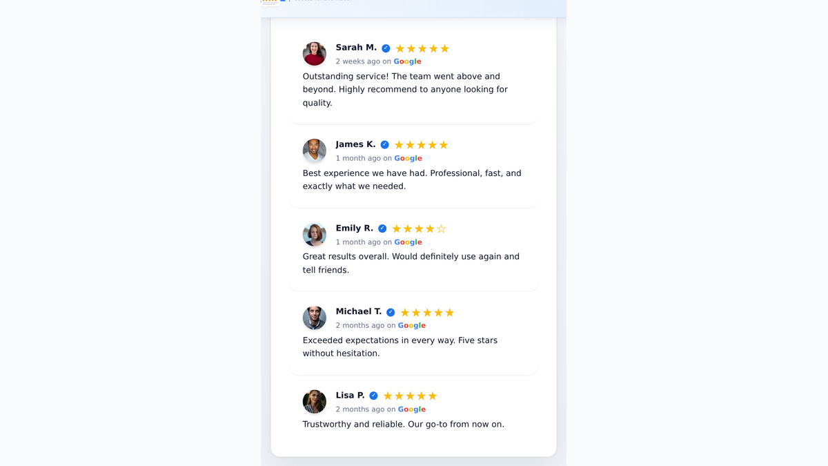 List feed Google reviews widget showing verified customer testimonials with star ratings