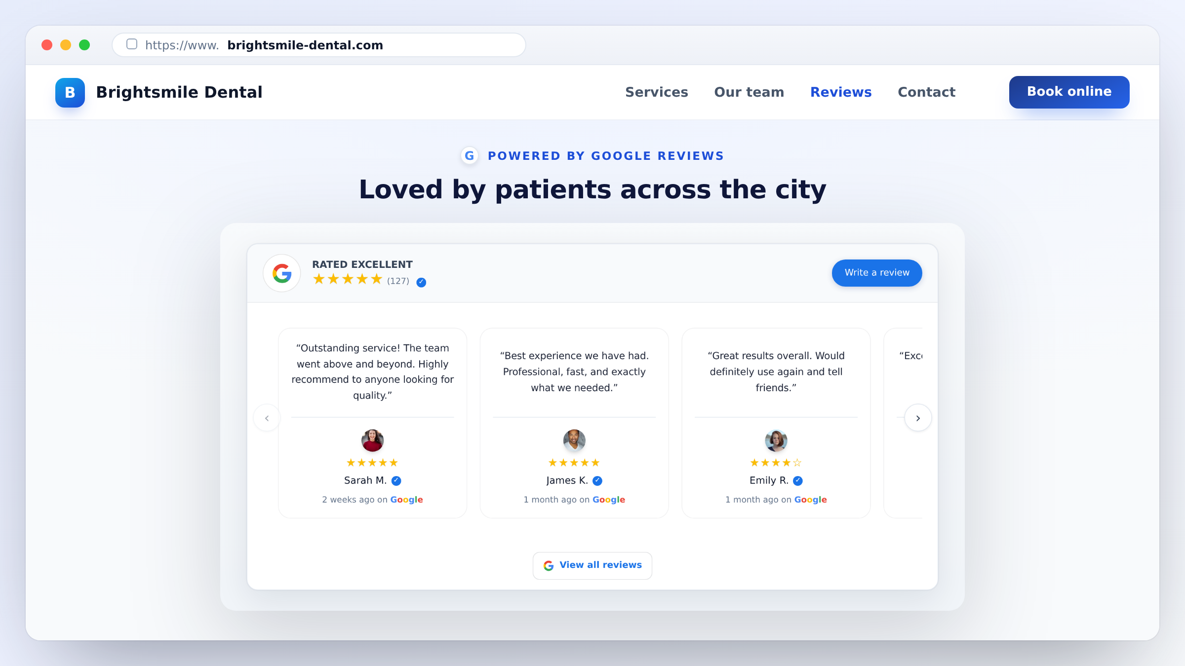 Browser mockup of a small-business website with a Google reviews carousel embedded in the reviews section, showing the star rating and recent customer reviews