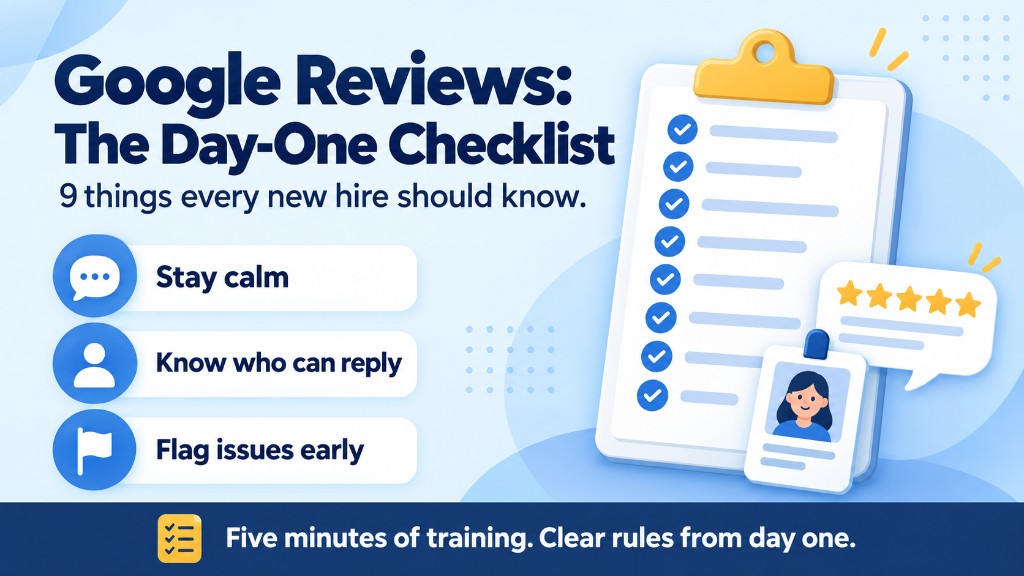 Google Reviews Day-One checklist infographic: stay calm, know who can reply, and flag issues early