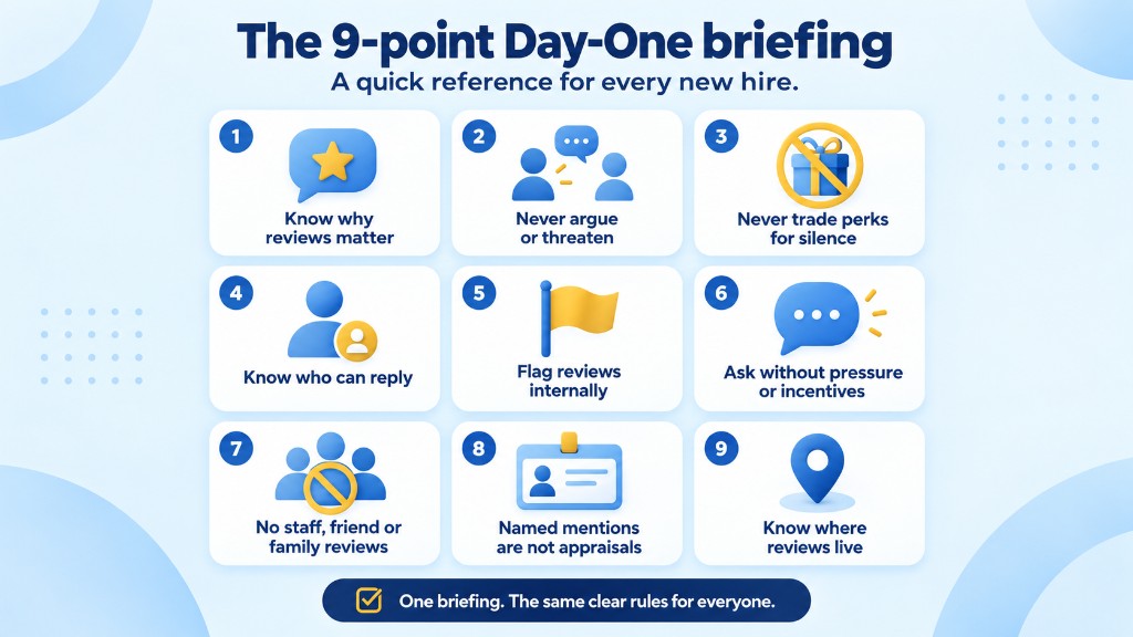 Nine-point Day-One briefing grid covering why reviews matter, who can reply, how to flag reviews internally, and what never to do