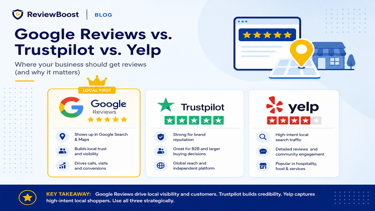 Comparison of Google, Trustpilot, and Yelp review platforms with Google highlighted as the local-first priority