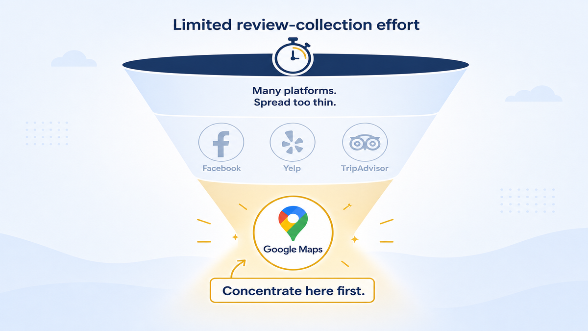 Funnel diagram showing limited review-collection effort concentrating on Google first instead of splitting across three platforms