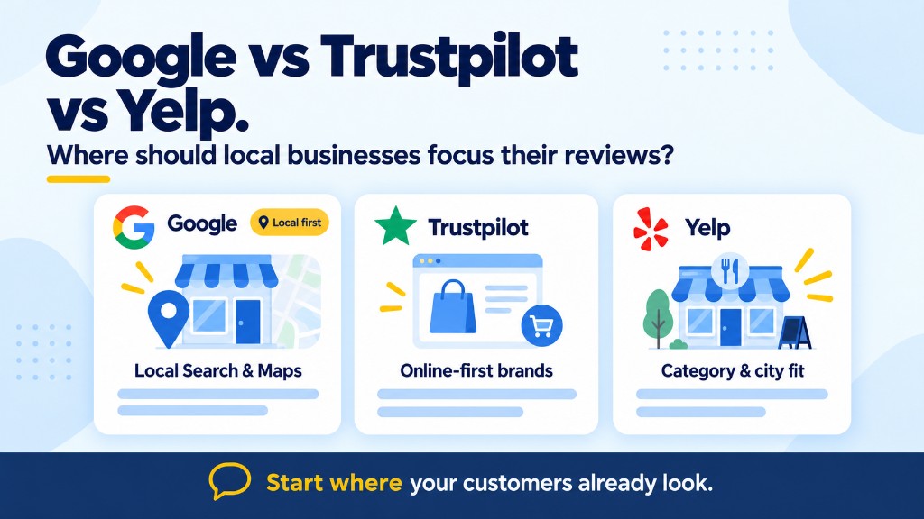 Google vs Trustpilot vs Yelp: where local businesses should focus reviews — Google for local search and Maps, Trustpilot for online-first brands, Yelp for category and city fit