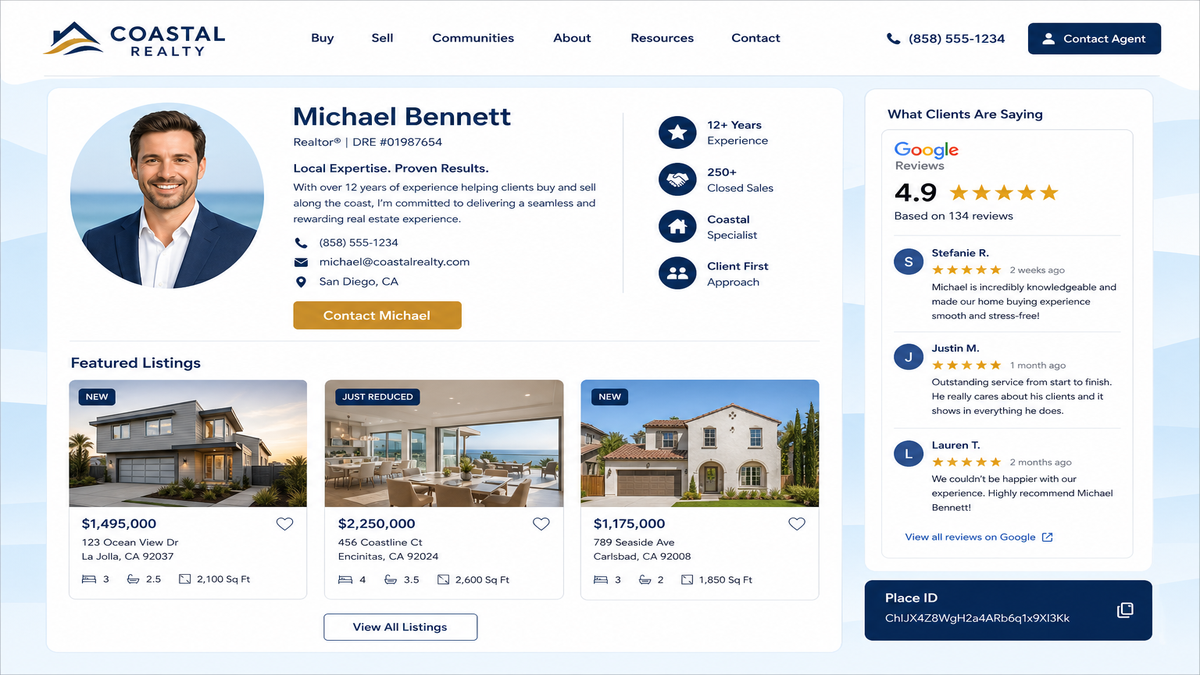 Agent bio page mockup with an embedded Google reviews widget in the sidebar showing the agent rating and recent reviews