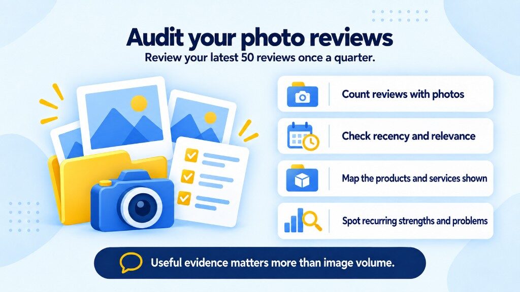 Quarterly audit of Google photo reviews: count reviews with photos, check recency and relevance, map products and services shown, and spot recurring strengths and problems
