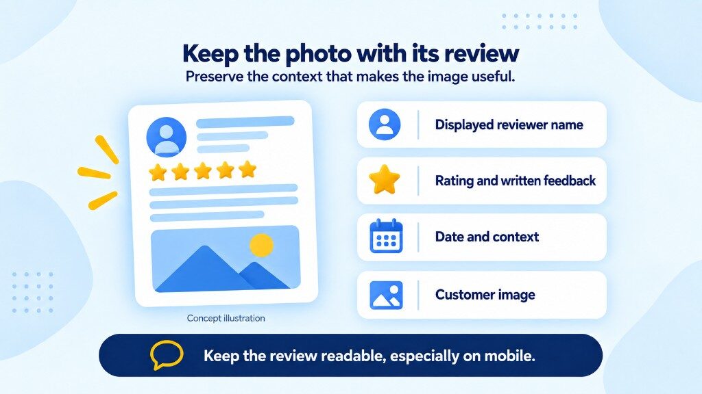 Keep a Google review photo with its review: displayed reviewer name, rating and written feedback, date and context, plus the customer image
