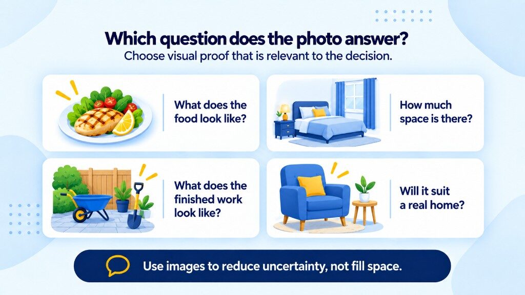 Which buying question a Google review photo can answer: how the food looks, how much space there is, what finished work looks like, and whether it will suit a real home
