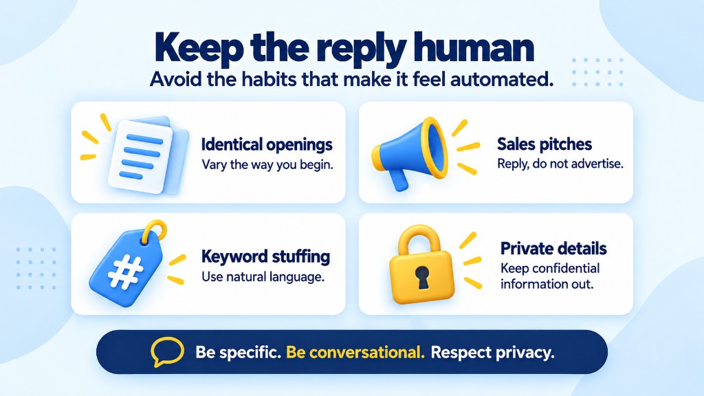Habits that make Google review replies feel automated: identical openings, sales pitches, keyword stuffing, and sharing private details
