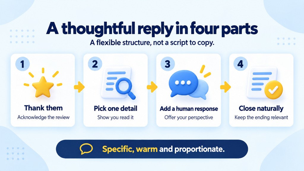 A thoughtful Google review reply in four parts: thank them, pick one detail, add a human response, and close naturally
