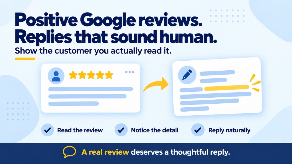 How to respond to positive Google reviews without sounding robotic — thank them, pick one detail, add a human note, close naturally