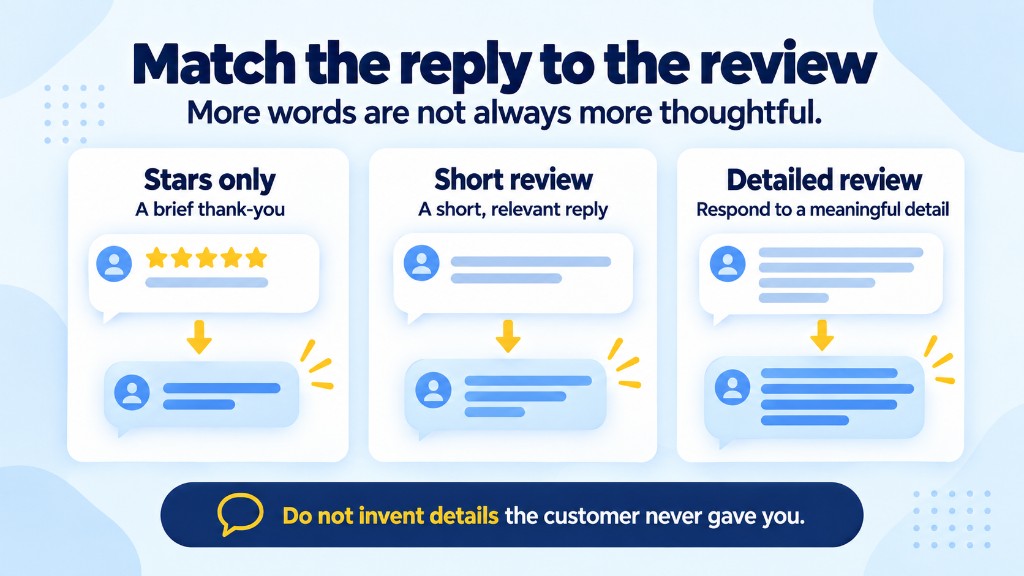 Match the Google review reply to the review: a brief thank-you for stars only, a short reply for a short review, and a response to a meaningful detail for a detailed review